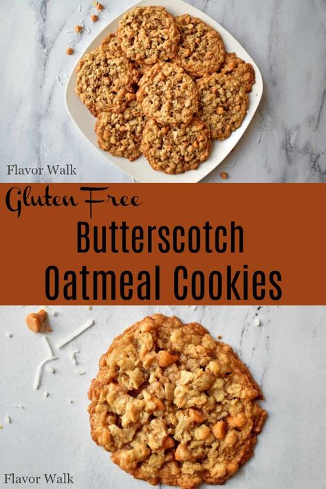 These butterscotch oatmeal cookies with toasted coconut are sweet and chewy. This easy gluten free recipe is a new twist on an old classic. Butterscotch Oatmeal Cookies, Butterscotch Oatmeal, Oatmeal Butterscotch, Oatmeal Scotchies, Oatmeal Butterscotch Cookies, Best Gluten Free Cookies, Gluten Free Oatmeal Cookies, Butterscotch Cookies, Gluten Free Cookie Recipes