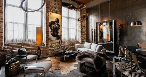 For $360K in Cabbagetown, ‘sophisticated, luxurious retreat’ takes chances Industrial Glam Living Room, Glam Modern Living Room, Industrial Decor Living Room, Modern Glam Living Room, Industrial Style Living Room, Industrial Glam, Narrow Living Room, Concrete Stained Floors, Glam Living