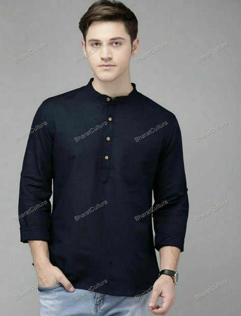 Kurtas Men, Short Kurta For Men, Mens Indian Wear, Black Kurta, Kurta Patterns, Short Kurta, Cotton Wedding, Indian Kurta, Ethnic Looks