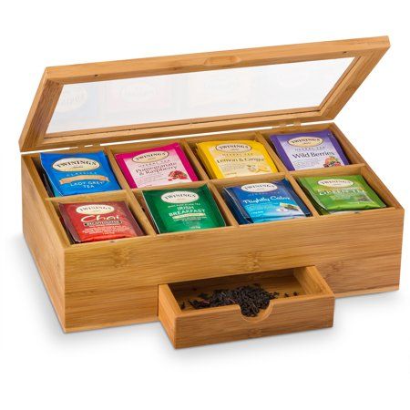 Buy Bamboo Tea Box with 8 Storage Sections & Expandable Drawer to Keep Your Bagged and Loose Teas Fresh in Style, Features Clear Hinged Lid for Quick Access & Visibility of Your Tea, By: Bambüsi at Walmart.com Tee Organisation, Tea Box Storage, Tea Bag Storage, Tea Organization, Wooden Tea Box, Tea Bag Organizer, Tea Chest, Bamboo Tea, Tea Storage