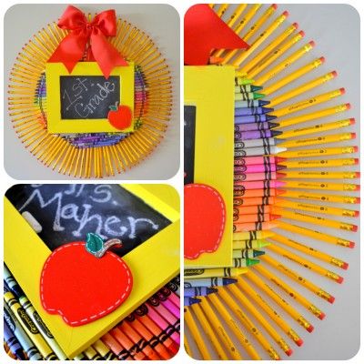 Crayon & Pencil Wreath.. Tay this would be cute for your classroom door!!! Pencil Wreath, Crayon Wreath, School Wreaths, Teacher Wreaths, Diy Crayons, Teacher Craft, Diy Back To School, Teachers Diy, Back To School Crafts