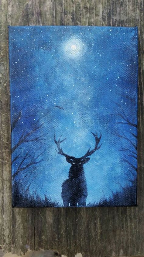 Galaxy Canvas Painting, Easy Christmas Paintings On Canvas, Easy Christmas Paintings, Galaxy Canvas, Painting Moon, Mini Toile, Deer Painting, Christmas Paintings On Canvas, Hippie Painting