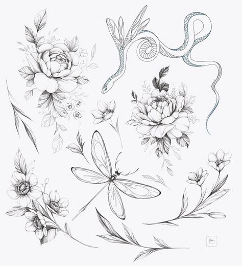 Flower Tattoo Drawings, Tattoo Zeichnungen, Floral Tattoo Sleeve, Cute Small Tattoos, Floral Tattoo Design, Botanical Tattoo, Line Art Tattoos, Small Tattoo Designs, Art Tattoos