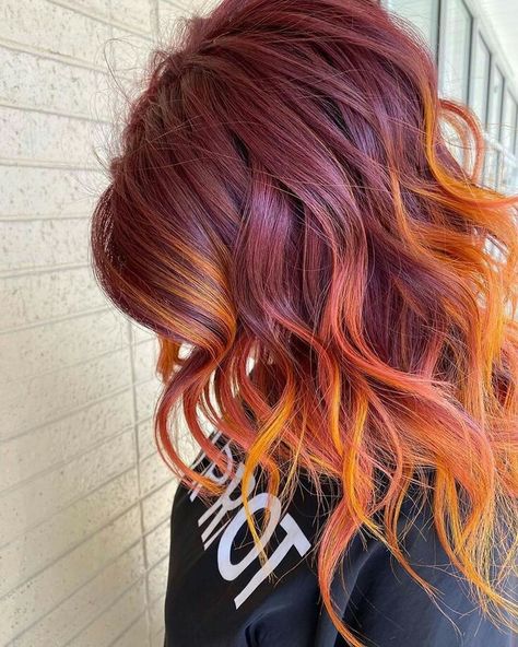 Shadow Root Red Hair, Red Copper Hair Color Balayage, Danger Jones Hair Color, Halloween Haircolor, Copper Hair With Shadow Root, Fire Hair Color, Sunset Hair, Fire Hair, Vivid Hair Color