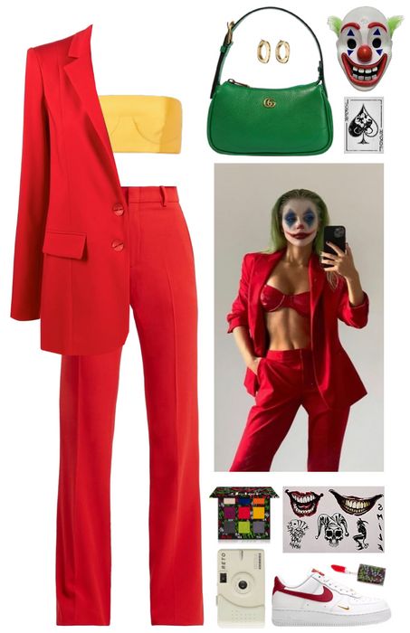 Joker Red Suit Costume, Joker Inspired Outfit Women, Girl Joker Costume Halloween, Girl Joker Outfit, Women Joker Halloween Costumes, Joker Outfit Women, The Joker Girl Costume, Joker Outfit Ideas, Halloween Costumes Joker Women