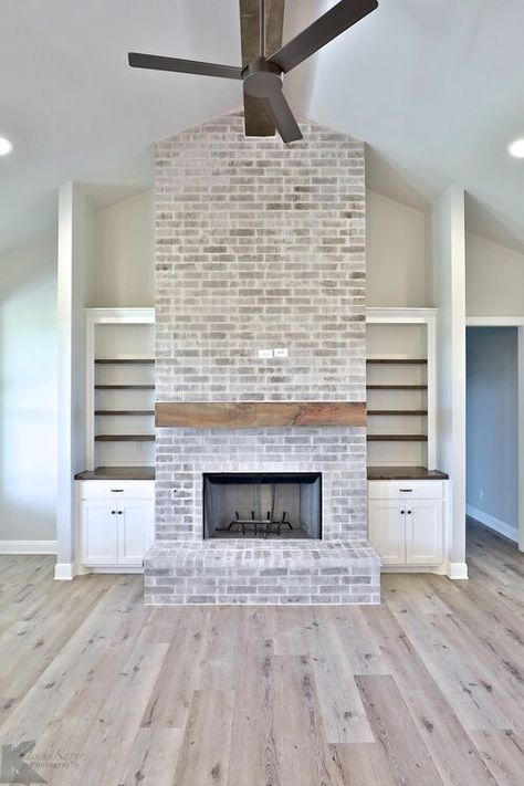 Claiborne — KPC Grey Fireplace, White Brick Fireplace, Fireplace Living Room, Fireplace Mantle Decor, Fireplace Tv Wall, Paint Fireplace, Shop House Plans, Home Fireplace, White Brick