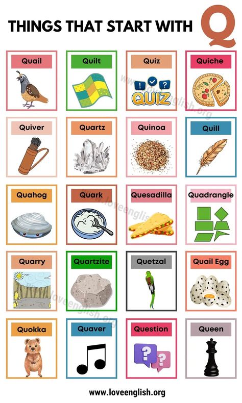 29 Unique Things That Start With Q In English - Love English Things That Start With A, Quirky Words, Words With Q, Summer Alphabet, English Knowledge, Grammar For Kids, English Learning Books, Letter Crafts, Phonics Rules