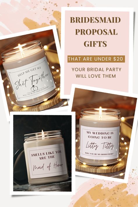 These candles make the perfect proposal gift or addition to a gift basket for your bridal party. They come in five different scents so that you can customize the gift to your bridesmaid. #bridesmaidgift #maidofhonor Made Of Honor Proposal Box Sisters, Budget Friendly Bridesmaid Proposal, Wedding Trinkets, Bridesmaid Proposal Candles, Maid Of Honor Proposal Necklace, Bridesmaid Proposal Candle, Bridesmaids Ideas, Maid Of Honor Proposal, A Gift Basket