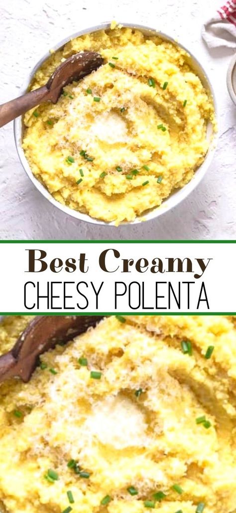 Easy Creamy Cheesy Polenta makes the perfect savory side dish to any meat or veggies. Serve it for breakfast, lunch or dinner. Cheesy Polenta Recipes Easy, Parmesan Polenta Recipes, Cheesy Polenta Recipes, Polenta Grits, Cheddar Polenta, Gina Livy, Cornmeal Polenta, Cheesy Polenta, Cheese Polenta