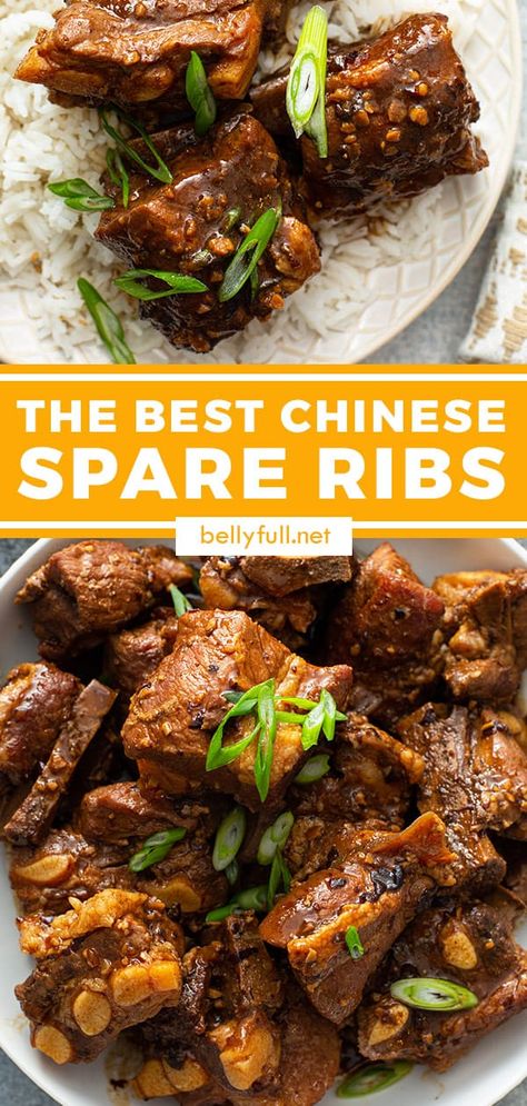 With only 10 minutes of prep (if that!) and such a small list of ingredients, this Chinese Spare Ribs recipe is so easy to make, but has incredible flavor from slow simmering in a rich black bean garlic sauce, and tender meat that falls off the bone. An Asian dim sum favorite, converted into an incredible meal the entire family will love! Chinese Spare Ribs Recipe, Black Bean Garlic Sauce, Chinese Spare Ribs, Chinese Ribs, Spare Ribs Recipe, Asian Cuisine Recipes, Chinese Pork, Tender Meat, Black Bean Sauce