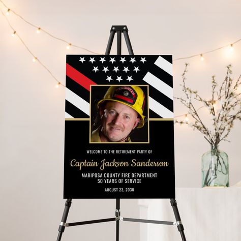 Firefighter Retirement Party Red Line Flag Photo Foam Board Firefighter Retirement Party Ideas, Firefighter Retirement Gifts, Retirement Party Ideas, Firefighter Retirement, Red Line Flag, Fire Captain, Retirement Party Gifts, Retirement Celebration, Flag Photo