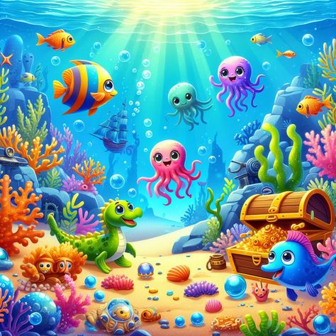 animated sea creatures exploring a colorful underwater world with coral reefs, sunken treasures, and shimmering ocean depths Under Water World Drawing For Kids, Under The Sea Cartoon, Under Water World, Sea Cartoon, Water World, Ocean Depth, Water Sea, Coral Reefs, Saltwater Aquarium