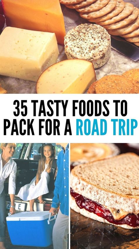 Food for a road trip, such as crackers, cheeses, peanut butter and jelly sandwiches and a cooler to pack it all in. Snacks To Travel With Road Trips, On The Go Food Road Trips, Pack Food For Road Trip, Healthy Trip Snacks, Easy Road Trip Food Ideas, Food Road Trip Ideas, Car Ride Lunch Road Trips, Packing Food For Road Trip Car Snacks, Road Trip Car Meals