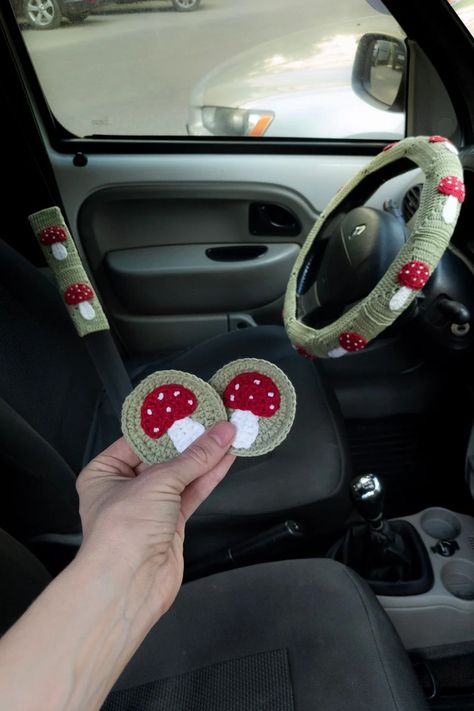 Mushroom Steering Wheel Cover for Women, Cottagecore Crochet Seat Belt Cover and Car Coasters Set , Cute Car Accessories Interior Decor - Etsy -  #accessories #Belt #Car #Coasters #Cottagecore #cover #Crochet #Cute #decor #Etsy #interior #Mushroom #Seat #Set #Steering #Wheel #Women Crochet Seat Belt Cover, Women Cottagecore, Cottagecore Crochet, Car Items, Boho Car Accessories, Car Interior Diy, Sculptures Art, Hippie Car, Dream Things