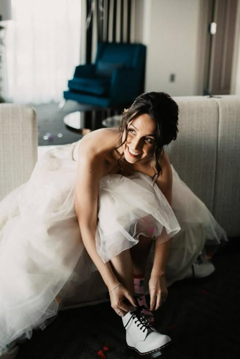 White Dr Martens Wedding, White Docs Wedding, White Docs Wedding Dress, Wedding Dress With Combat Boots, Doc Martens Bride, White Doc Martens Wedding, Wedding Dress And Doc Martens, Dr Martens Wedding Dress, Bride Doc Martens