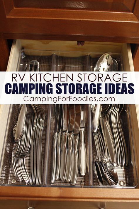 Rv Drawer Organization, Camper Utensil Storage, Rv Plate Storage Ideas, Rv Silverware Storage Ideas, Camper Silverware Storage, Rv Shoe Storage Ideas, Camping Cutlery Storage, Small Kitchen Design With Island, Motorhome Organization