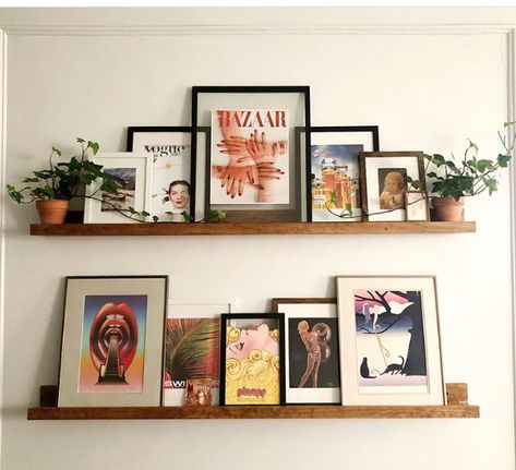 Offset Picture Ledges, Sofa Picture Ledge, Above Desk Gallery Wall, Picture Ledge Above Desk, Photo Ledge Above Tv, Floating Shelf With Pictures, Pictures On Shelves On Wall, Floating Shelf Gallery Wall, Floating Shelves Above Dresser