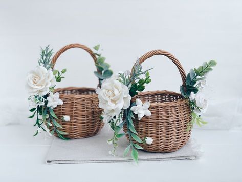 Flower girl basket flower girl basket with WHITE flowers | Etsy Flower Girl Basket Rustic, Table Candles, Rustic Flower Girl, Sequin Flower Girl Dress, Flower Girl Headpiece, Blush Flower Girl Dresses, Handwoven Baskets, Baby Flower Crown, Willow Basket