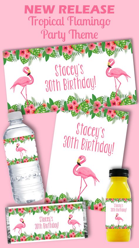 Beautiful Tropical Flamingo Personalised Birthday Party Decorations Supplies Packs Shop Online Australia Banners Bunting Wall Display Cupcake Toppers Chocolate Wrappers Juice Water Wine Pop Top Labels Posters Lanterns Invites Cup Stickers Ideas Inspiration Cake Table Katie J Design and Events Pink Greenery Hibiscus Leaves Flamingo Birthday Party Decorations, Tropical Flamingo Birthday Party, Tropical Flamingo Party, Flamingo Party Decorations, Flamingo Party Decor, Pineapple Palm Tree, Flamingo Themed Party, Hibiscus Leaves, Stickers Ideas