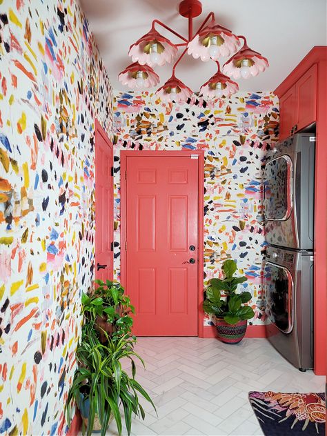 Laundry Room Mural, Marble Herringbone Floor, Pink Laundry Rooms, Laundry Room Colors, Laundry Makeover, Stray Dog Designs, Laundry Room Wallpaper, 2023 Wallpaper, Colorful Inspiration