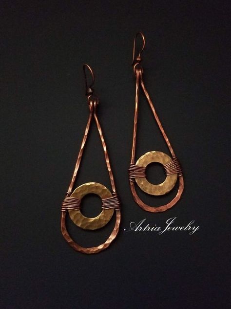 "These Mixed Metal Long Teardrop Earrings are a neat versatile pair of earrings. These earrings are part of our Taamba Collection. Taamba is the Sanskrit name for Copper. So apt for this collection, whether simple and small or large and intricate, as each piece is a statement made in copper - Copper is such a beautiful and versatile metal, suits every skin tone, can be heat painted or colored with various patinas to bring out colors across the rainbow light spectrum, from blues to greens, pinks Copper Jewelry Diy, Hammered Copper Earrings, Light Spectrum, Mixed Metal Rings, Mixed Metal Earrings, Brass And Copper, Rainbow Light, Hammered Brass, Wire Work Jewelry