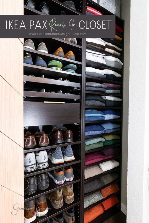 Reach In Closet Shoe Organization, Pax Shoe Storage Ikea Hacks, Ikea Pax Shoes, Ikea Pax Reach In Closet, Ikea Pax Shoe Storage, Pax Reach In Closet, Pax Shoe Storage, Sliding Door Closet Organization Ideas, Pax Closet Ideas