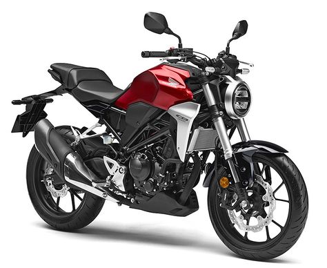 For 2019, Honda is finally making its Neo-Sports Café-inspired CB300R available in the good ole’ USA. The bike’s styling drafts off the new CB1000R, with its round headlight, stepped seat and radiator guards. The engine is the brand’s proven 286cc single found in the outgoing CB300F, which this bike replaces. It features a new frame and swingarm design as well as a 41mm inverted front fork, 17-inch aluminum wheels, and optional ABS. Honda Cb300r, Honda Cb1000r, Honda Scooters, Cb 300, Motos Honda, Motorcycles And Scooter, Mens Toys, Honda S, New Motorcycles