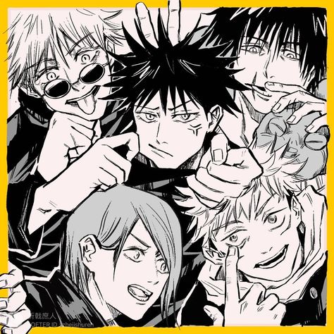 Jjk Group Photo Anime, Jjk Trio Wallpaper, Jujutsu Kaisen Group Pic, Jjk Base, Jjk Group, Miwa Manga Panels Jjk, Jjk Posters Black And White, Anime Bebe, Friend Group