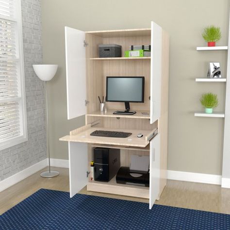 Inval Computer Work Center Armoire - Laricina White Computer Hutch, Oak Computer Desk, Armoire Desk, White Computer Desk, Computer Armoire, Desk Hutch, White Laminate, Composite Wood, Home Office Design