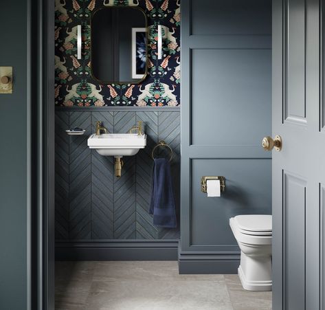 Wallpaper Toilet, Understairs Toilet, Burlington Bathroom, Small Downstairs Toilet, Small Bathroom Wallpaper, Cloakroom Toilet, Downstairs Cloakroom, Toilet Room Decor, Small Toilet Room