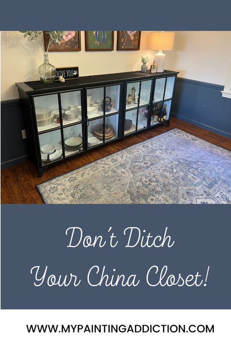 A lot of people these days are getting rid of their china closets. I get it! Fine china is becoming less popular to own. It is expensive and used only a few times a year. I’ll be honest though, to me, a china closet means more storage. And in a “normal” sized home, storage is at a premium! A china closet can still be useful! Click to read this post and to get more painting and decorating ideas for the modest home. #chinacloset #kitchen #howto #modesthome #normalhome #homedecor #decor #behr Short China Cabinet, China Cabinet Alternative, How To Store China Dishes, Small China Cabinet, Iron Sideboard, Modest Home, China Closet, Painting And Decorating, China Storage