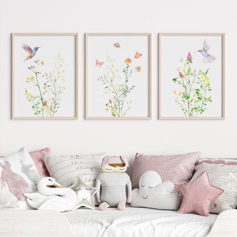 Floral Girl Nursery, Colorful Art Paintings, Baby Room Wall Art, Bird Nursery, Boho Wildflower, Girl Nursery Themes, Nursery Paintings, Butterfly Painting, Watercolor Flowers Paintings