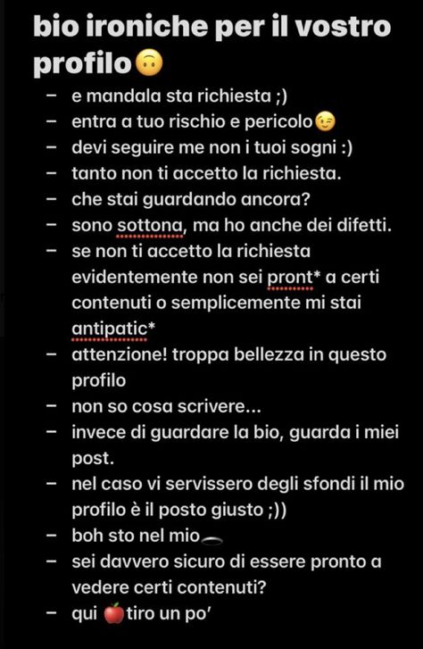 frasi post/bio instagram Bio Per Insta, Bio Instagram Italiano, Bio Instagram Ideas Italiano, Ironic Captions, Song Bio For Instagram, Inspo Bio Instagram, Bio Instagram Ideas, Bio Insta, Instagram Account Ideas