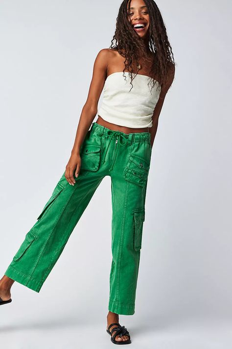 Tahiti Cargo Pants | Free People Kelly Green Pants, Bright Winter Outfits, Free People Jumpsuit, Free People Romper, Black Cropped Pants, One Shoulder Jumpsuit, Long Jumpsuits, Free People Pants, Long Sleeve Romper