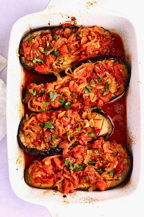 Imam Bayildi recipe - My Greek Dish Imam Biyaldi Recipe, Recipes With Advieh, Imam Bayildi Recipe, Turkish Bakery, Turkish Dinner, Egyptian Dishes, Turkish Eggplant, My Greek Dish, Greek Meals