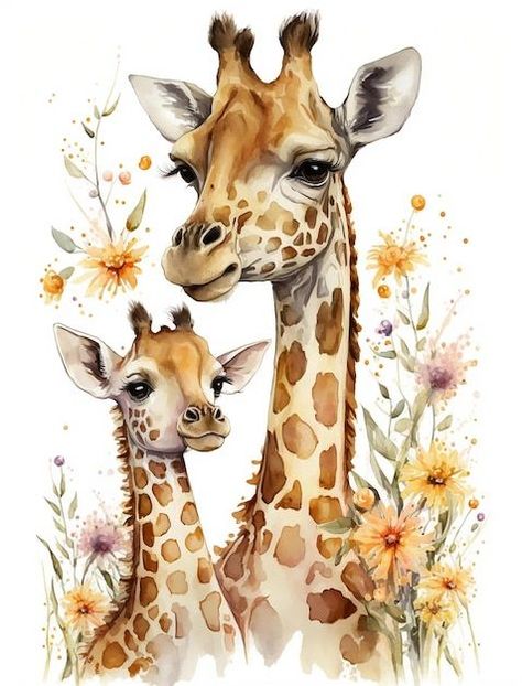 Pictures Of Giraffes, Cute Animal Paintings, Watercolor Art Animals, Watercolor Animal Paintings, Animal Watercolor Paintings, Photos With Animals, Giraffe With Flowers, Baby Animals Art, Painting Giraffe