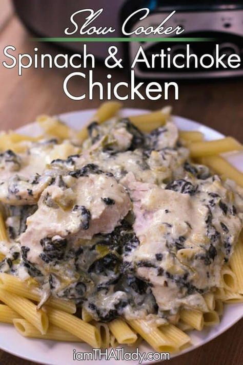 Slow Cooker Creamy Spinach Artichoke Chicken - The Savvy Mama Creamy Spinach Artichoke Chicken, Balsamic Pot Roast, Lemon Chicken Thighs, Apple Pork Tenderloin, Spinach Artichoke Chicken, Artichoke Chicken, Peanut Chicken, Creamy Spinach, Honey Garlic Chicken