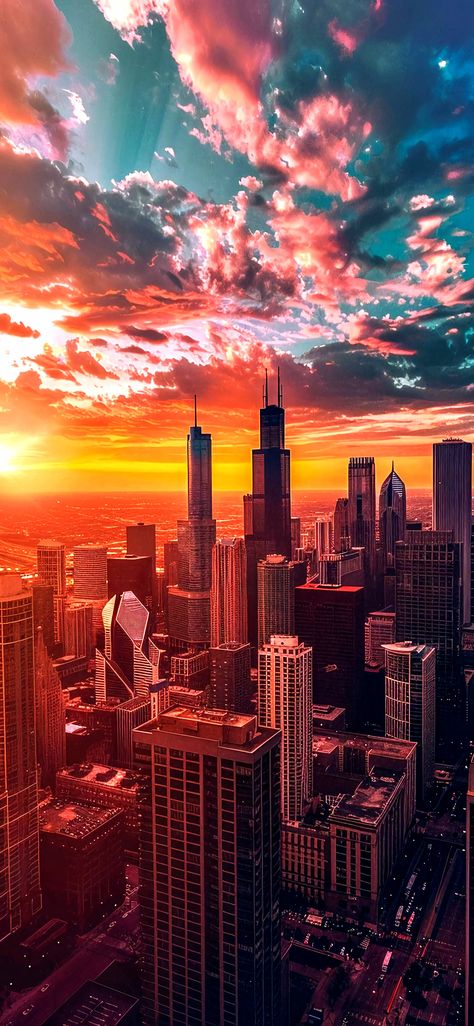 Iphone Wallpaper Architecture, Chicago Sunset, Chicago Wallpaper, Chicago Landscape, Chicago Aesthetic, Attractive Wallpapers, Unseen Images, Vibrant Illustration, Aerial Images