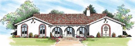 Spanish Revival House Plan with 2307 Square Feet and 4 Bedrooms from Dream Home Source | House Plan Code DHSW44608 Spanish Living Rooms, Spanish Revival House, Spanish Revival Exterior, Spanish Style House Plans, Spanish Living Room, Southwest House Plans, Spanish Revival Home, Sunken Living Room, House Plans One Story