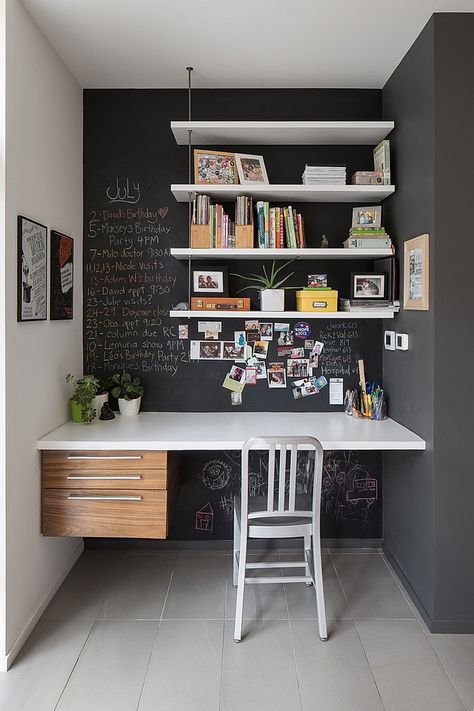 Small home office idea with chalkboard walls [Design: John Donkin Architect] | DKI in West Bloomfield, MI, specializes in the selective demolition of architectural, structural, mechanical and electrical systems. For more information call (248) 538-9910 or visit www.dkidemolition.com. Små Rum Lidt Plads, Contemporary Home Office, Office Nook, Decor Ikea, Bureau Design, Small Home Office, Design Studios, Home Office Space, Small Office