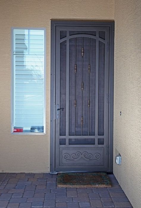 Custom Security Screen Door with Kickplate - First Impression Ironworks Security Screen Doors Ideas Front Entry, Security Screen Door Front Entry, Screen Door Makeover, Screen Headboard, Security Screen Doors, Front Door With Screen, Front Door Security, Iron Security Doors, Pintu Interior