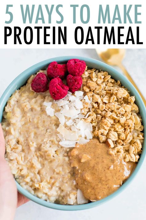 Want to make your oatmeal even healthier? I've got you covered with 5 delicious and easy ways to boost the protein content of oatmeal so that it will keep you full until lunch. High Protein Oatmeal, Greek Yogurt Oatmeal, Oatmeal Toppings, Protein Oatmeal, High Protein Breakfast, Lost 100 Pounds, Protein Breakfast, Healthy Diet Recipes, Healthy Meal Plans