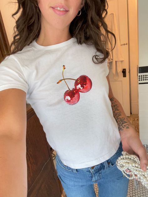 Disco Cherry Shirt 90s Crop Top, Coquette Clothing TShirt, GenZ Shirt, Preppy 2000s Retro Y2K Baby Tee Look Cute Gift for Girlfriend Cute Cute Vintage Tees, Preppy 2000s, White Y2k Tops With Cherry Print, Y2k Crew Neck T-shirt With Cherry Print, Y2k T-shirt With Cherry Print, Trendy White T-shirt With Cherry Print, Casual Pink Cherry Print T-shirt, Disco Cherry, 90s Crop Top