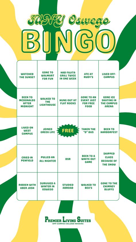 Bingo Graphic Design, Bingo Board Template, Suny Oswego, Bingo Design, Camping Bingo, Custom Bingo Cards, Bingo Books, Road Trip Bingo, Summer Bingo