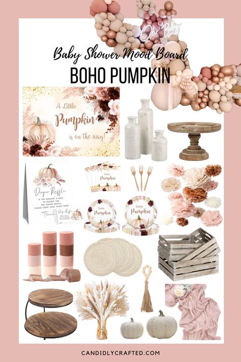 Mood board showing decoration ideas for a Boho Pumpkin themed baby shower. Pumpkin Pink Baby Shower, Pink Pumpkin Baby Shower Ideas Boho, Baby Shower Ideas Fall Girl, Girly Fall Baby Shower Decor, Baby Girl Fall Shower Ideas, Pink Fall Themed Baby Shower Ideas, Baby Shower Girl Theme Fall, Pink Little Pumpkin Baby Shower Ideas, Pink Pumpkin Baby Shower Theme