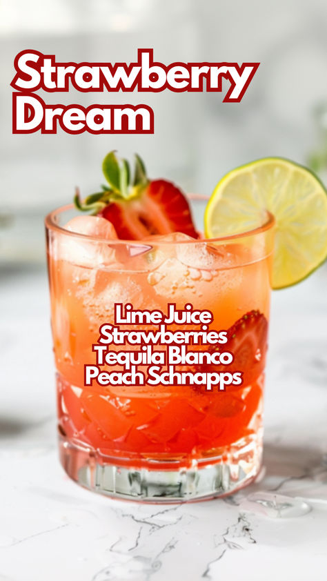 Strawberry Dream Summer Fruity Alcoholic Drinks, Fruit Cocktail Drinks Recipes, Strawberry Cocktails Recipes, Mixed Drinks Alcoholic Tequila, Summer Themed Drinks, Drink Recipes With Tequila, Fruity Tequila Drinks, Sweet Tequila Cocktails, Fruity Summer Drinks Alcohol