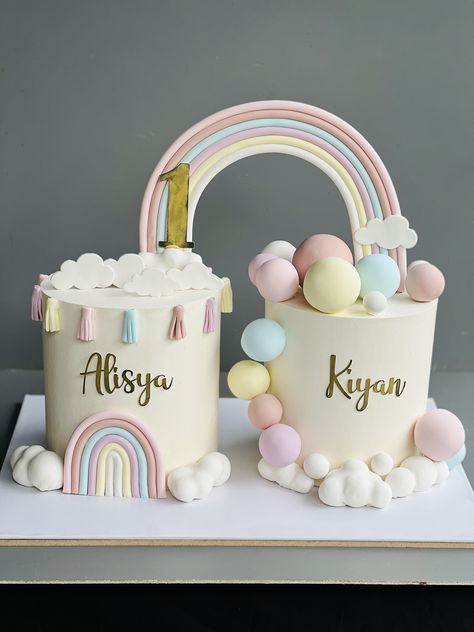 Rainbow Cake For Twins, Almond Crescent Cookies, Crescent Cookies, Modern Birthday Cakes, Twin Birthday Cakes, Baby Girl Birthday Cake, Happy Birthday Decor, Twins Cake, Twin Baby Girls