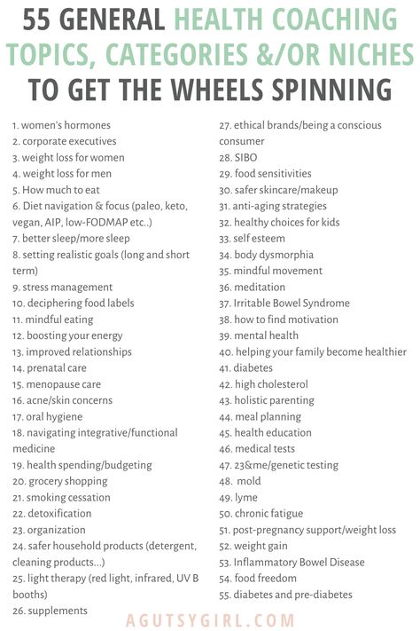 55 general health coaching topics, categories and niches to get the wheels spinning IIN agutsygirl.com #IIN #healthcoach #healthcoaching #onlinebusiness #coaching Fitness Engagement Questions, Online Nutrition Coaching, Life Coaching Topics, Health Coach Business Plan, Health Coach Business Names, What Is A Health Coach, Health Coach Templates, Health And Wellness Coaching Business, Health And Wellness Coaching