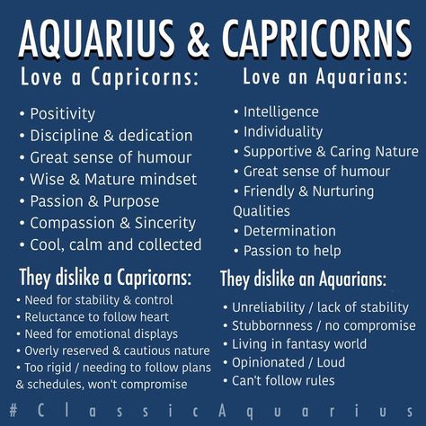 #Aquarius & #Capricorn relationship. Listed above are the things that both signs have in common and the potential issues that may cause problems. (Please note that each other's Moon signs should be taken into consideration to get the bigger picture) #ClassicAquarius #Aquarius Capricorn And Aquarius Compatibility, Aquarius And Capricorn, Aquarius Relationship, Random Qoutes, Capricorn Relationships, Capricorn Aquarius Cusp, Aquarius Compatibility, Capricorn Compatibility, Capricorn Sun