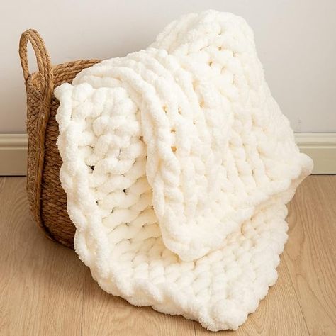 Amazon.com: WESHIONGOO Chunky Knit Blanket Throw Knitted Throw Blankets for Couch Bed Fluffy Soft Blanket with Jumbo Chenille Yarn Thick 100% Handmade (Cream White, 40"×40") : Home & Kitchen Giant Blanket, Arm Knitting Yarn, Knitted Throw Blanket, Chunky Knit Throw Blanket, Arm Knit, Knit Blankets, Hand Knit Blanket, Chenille Throw, Chunky Knit Throw